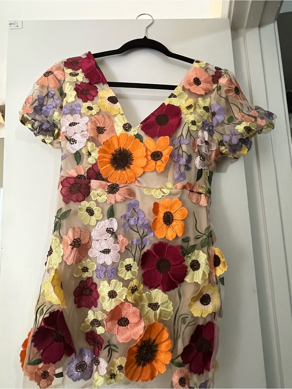 Floral Embroidered V‑Neck Mini Dress - Beige with Multi Floral Embroidery - Picture 3 of 7